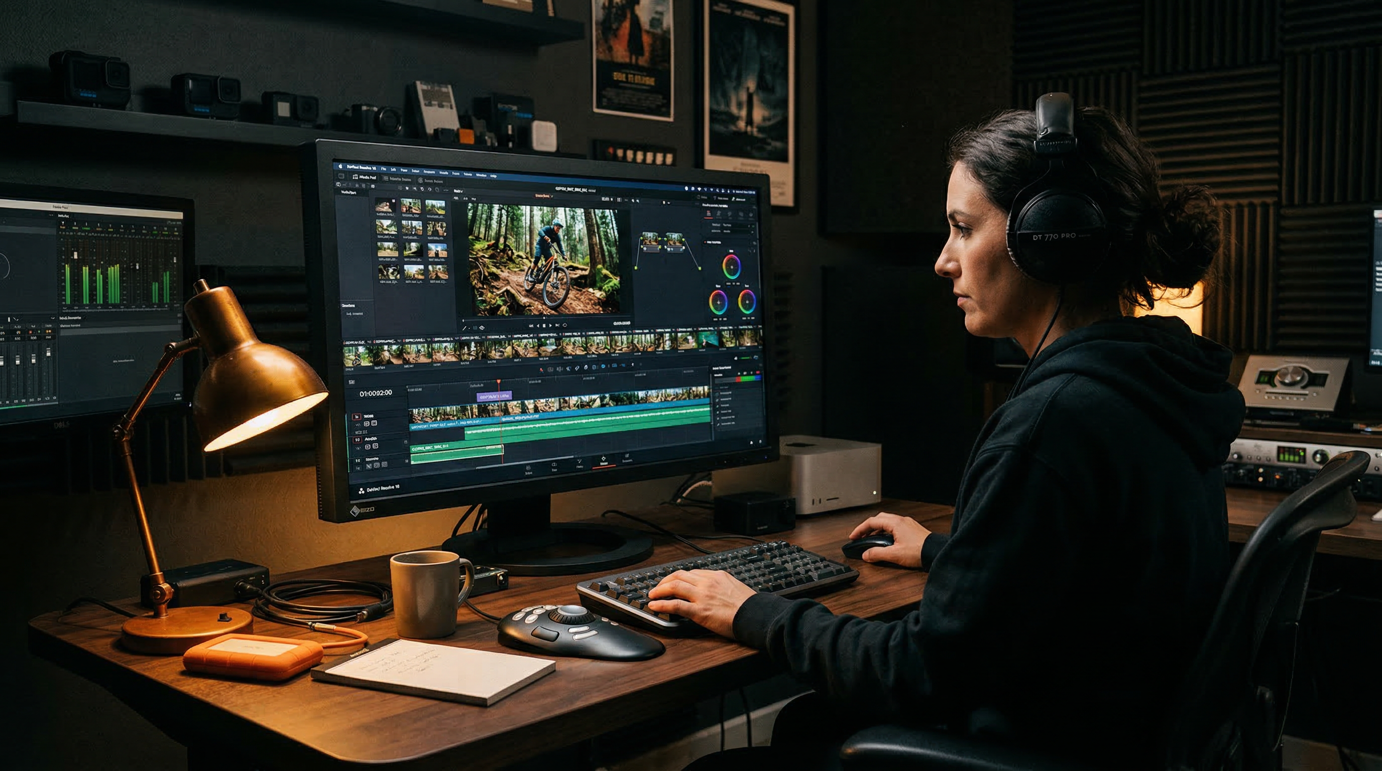 Editor working on social media content at a multi-monitor editing suite