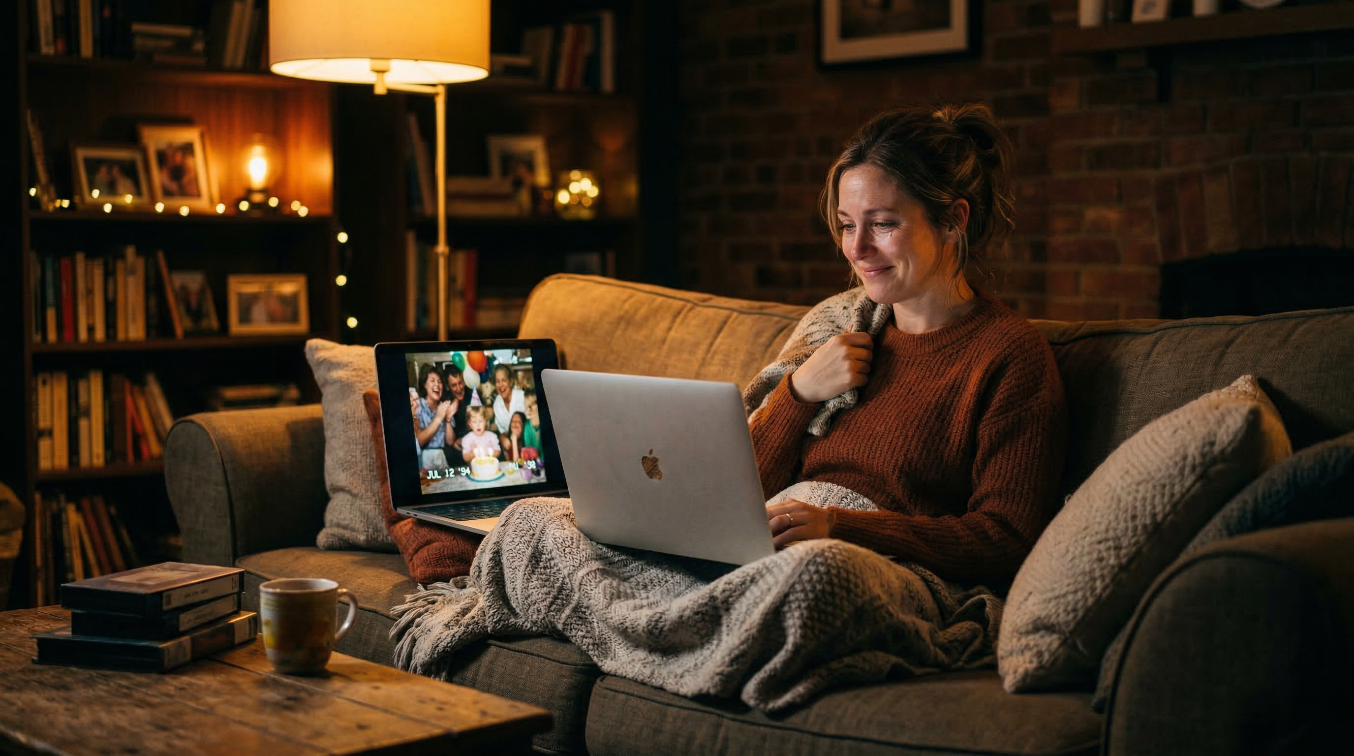 Person editing family home movies on a laptop