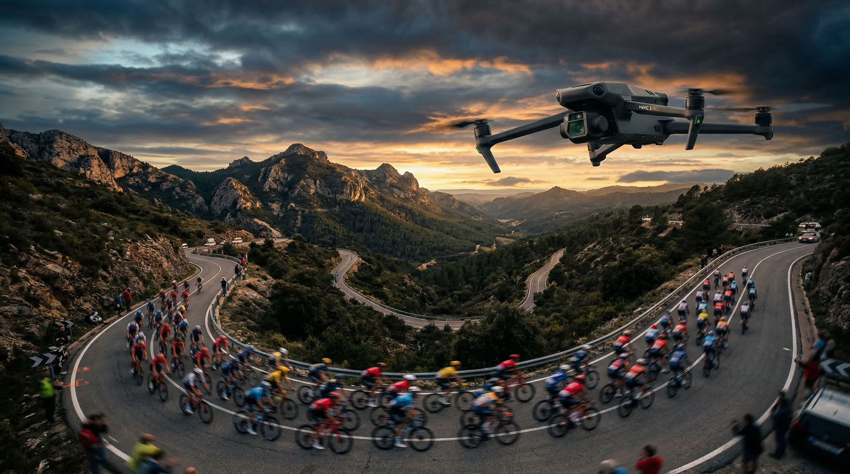 Film crew capturing a sporting event during golden hour outdoors